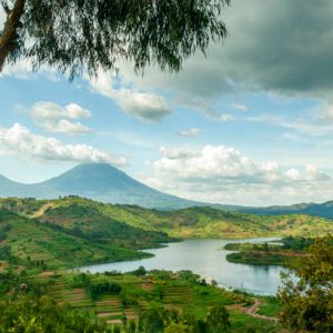 View into the mountain range of the Virunga Volcanoes, a line of 8 volcanoes in the area of the border-triangle between Rwanda, Uganda and the DR Congo. 

Left: Mount Muhabura (4127m)
Right: Mount Gahinga (3474 m)
The lake in the right part of the picture is Lake Ruhonda.

The Virunga Volcanoes are home of the critically endangered mountain gorilla (gorilla beringei beringei), listed on the IUCN Red List of Endangered Species due to habitat loss, poaching, disease, and war.